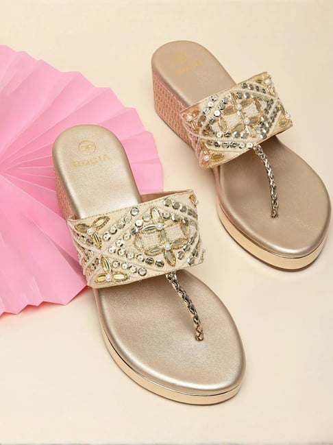 Rocia by Regal Women's Gold T-Strap Wedges-picture-25