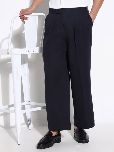 showoffff SHOWOFF Navy Blue Loose Fit Solid Formal Trousers-picture-14