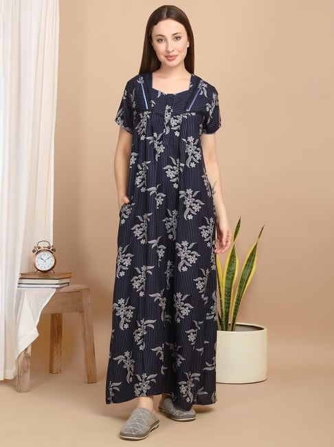 Sweet Dreams Navy Cotton Floral Short sleeve Night Dress-picture-11
