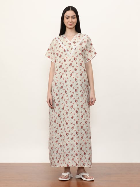 jaipur cotton night dress Jaipur Kurti Off White Printed Night Dress