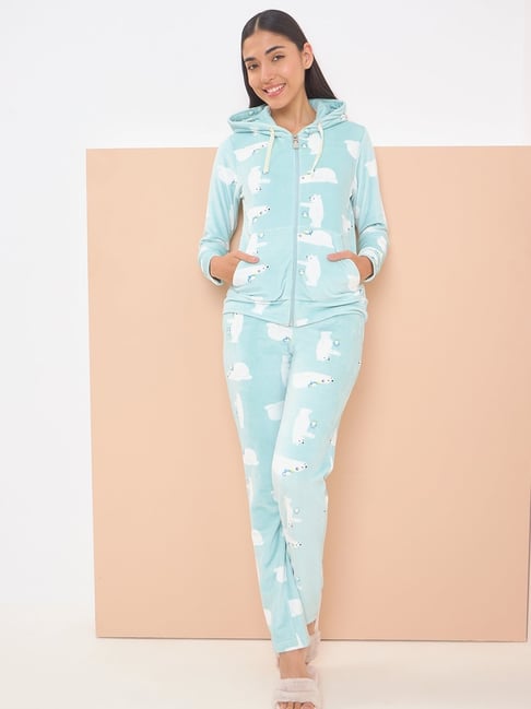 Sweet Dreams Green Fleece Graphic Full Sleeves Jacket and Pyjama
