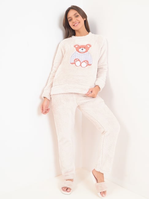 Sweet Dreams Beige Fleece Self Full Sleeves Top and Pyjama-picture-23