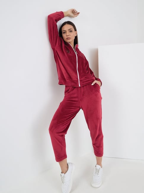 Sweet Dreams Maroon Fleece Solid Full Sleeves Jacket and Pyjama