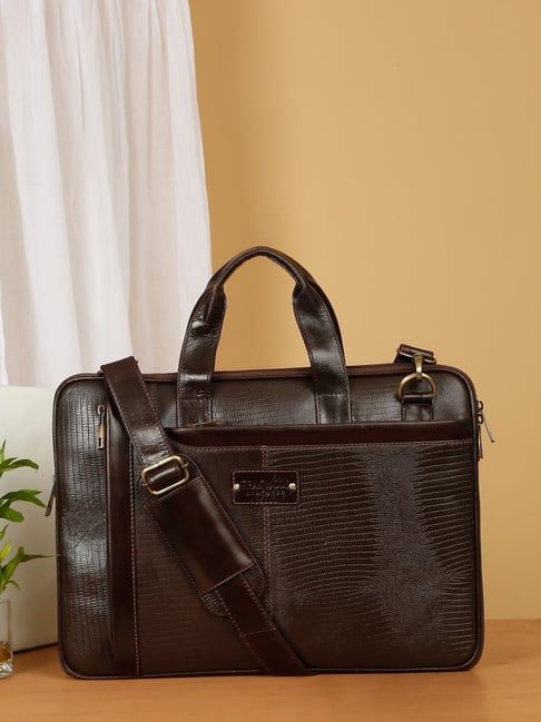 Teakwood Leathers Brown Lizard Leather Structured Laptop Bag