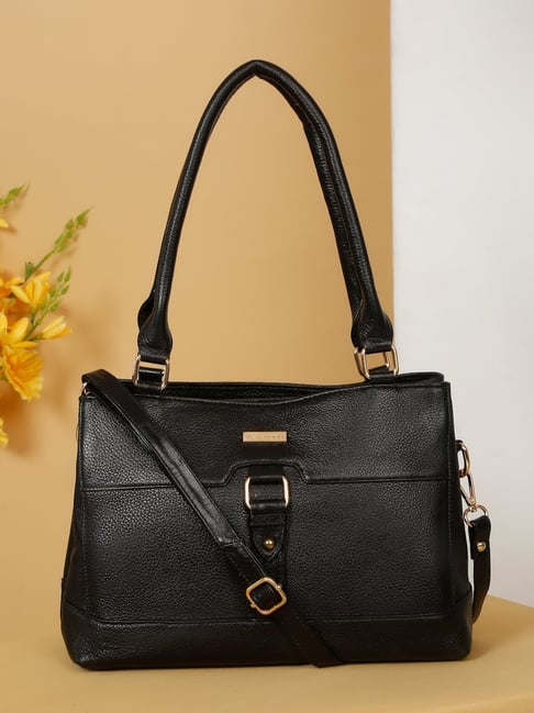 Teakwood Leathers Black Textured Leather Structured Shoulder Handbag