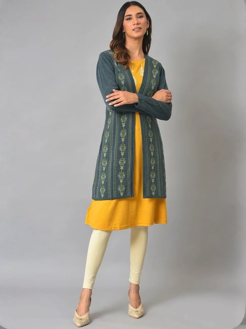 W Blue Printed Long Cardigan