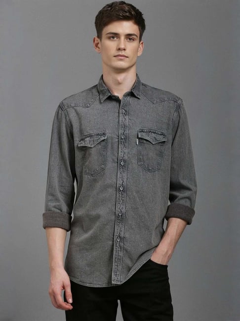 Buy Louis Philippe Grey Cotton Slim Fit Denim Shirt for Mens