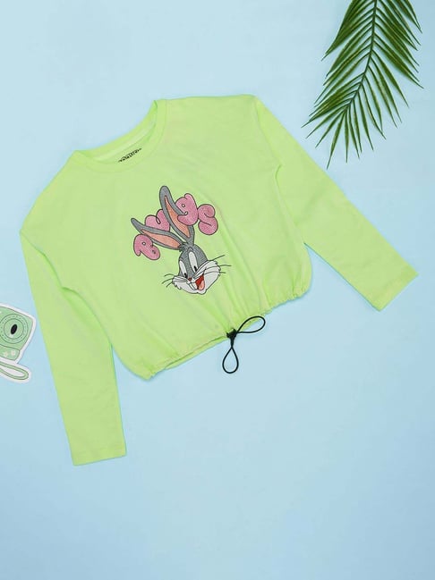 Pantaloons Junior Girls Neon Green Cotton Character Based Full Sleeves  T-Shirts
