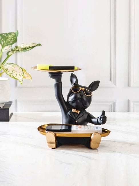 Smokey Cocktail Black Resin French Bull Dog Double Tray Sculpture-picture-34