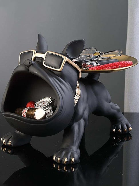 Smokey Cocktail Black Resin Bulldog Storage Butler Sculpture-picture-32