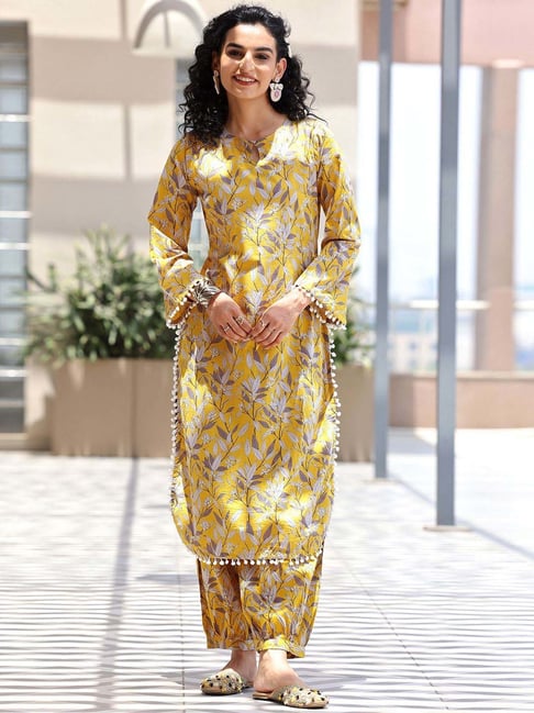 Libas Mustard Floral Printed Pathani Kurta with Printed Mustard Salwar