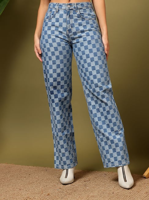 Kotty Blue Blended Straight Fit Checks Jeans-picture-17