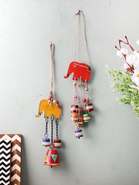 VarEesha Multicolor Sheesham & Beech Wood Hand Painted Elephant Bells Wind Chimes - Set of 2-picture-32