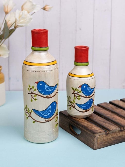 VarEesha Multicolor Terracotta Hand Painted Neel Bird Bottle Vases - Set of 2-picture-30