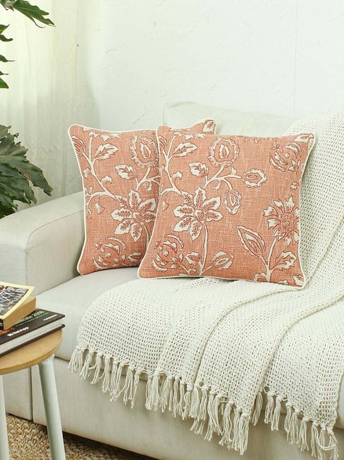 House This Blooming Florals Rust Cotton Cushion Covers - Set of 2