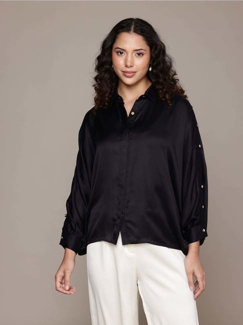 Label Ritu Kumar Black Bianca Satin Shirt-picture-20