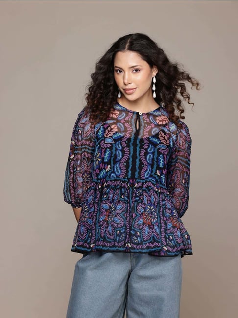 Label Ritu Kumar Navy Blair Top With Camisole-picture-20