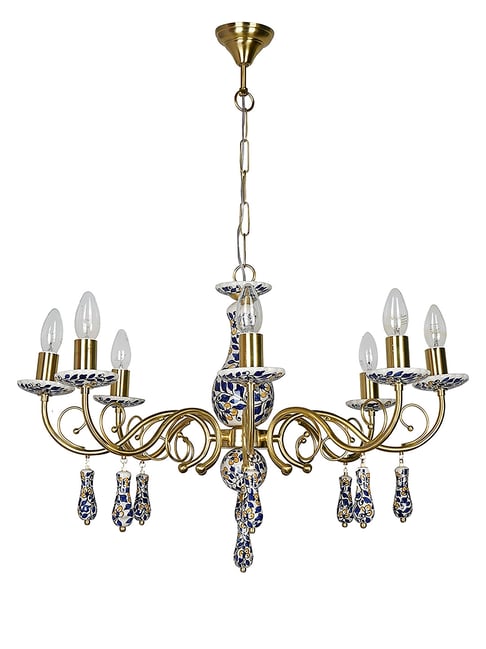 FOS LIGHTING Blue Pottery Elegance Handcrafted Floral 8 Light Candelabra Chandelier