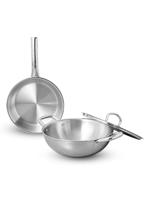 The Indus Valley Triply Stainless Steel Kadai with Lid 3 Ltr Fry Pan 1.4 Ltr 3 Pcs