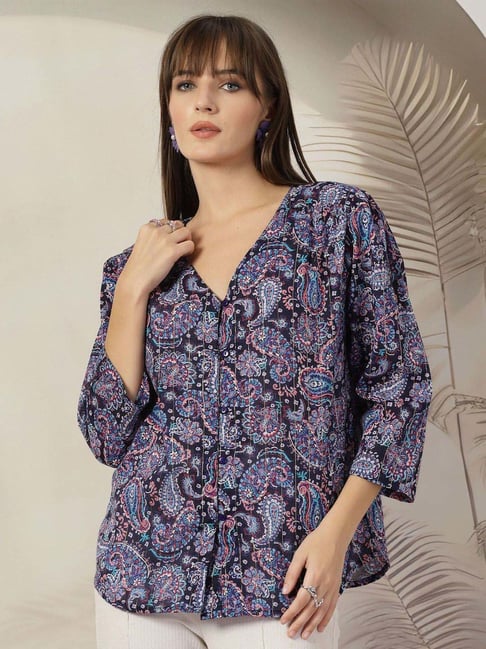 Melon By plusS Blue Cotton Printed Top-picture-30