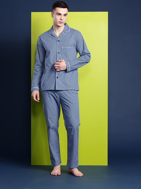 Hancock Blue Pure Cotton Regular Fit Night Suit