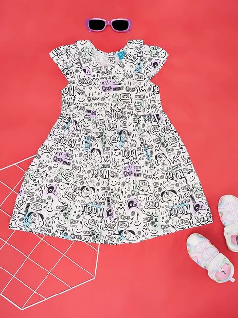 YU by Pantaloons Girls White & Grey Printed Casual Dresses-picture-10