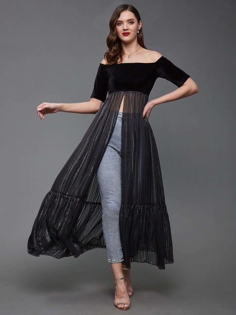 Buy Miss Chase Wine V Neck Full Sleeves Blazer Knee Length Dress - Main Image