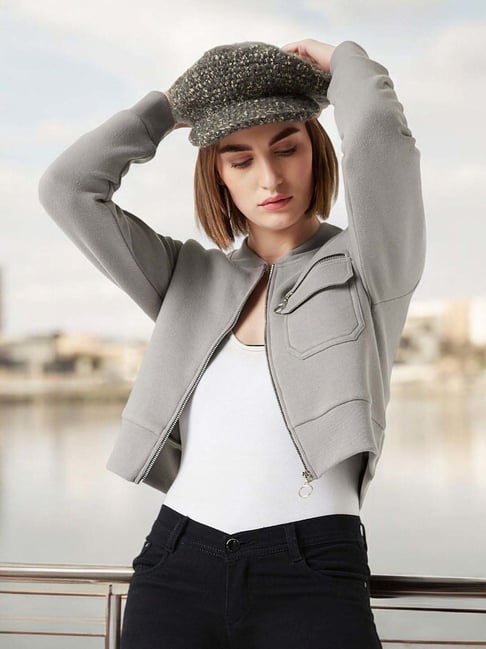 Miss Chase Grey Stand Collar Full Sleeves Cotton Boxy/bomber Cropped Jacket
