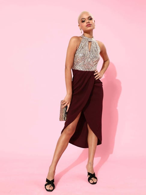 Miss Chase Wine Halter Neck Sleeveless Embellished Midi Dress-picture-26