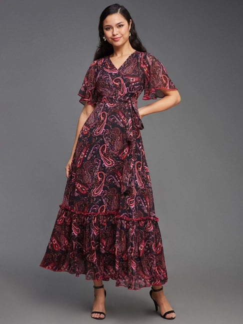 Miss Chase Multicolored Base Black Bohemian Flutter Sleeve Chiffon Relaxed  Fit Wrap Maxi Dress