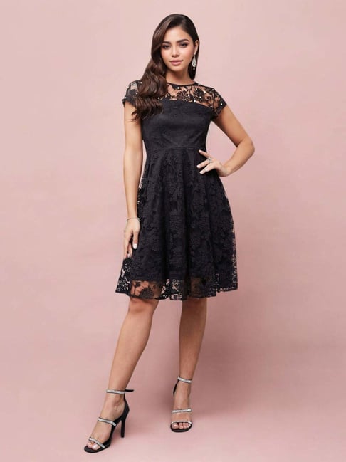 Miss Chase Black Round Neck Cap Sleeve Lace Embellished Mini Skater Dress