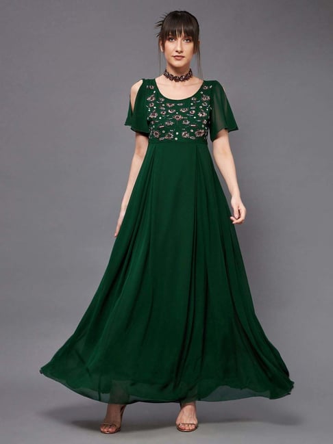 Miss Chase Dark Green Round Short Slit Sleeve Embellished Georgette Maxi  Dress