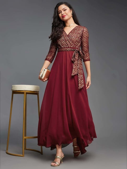 Sleeves New Style Ka Dress Miss Chase Maroon Floral Printed