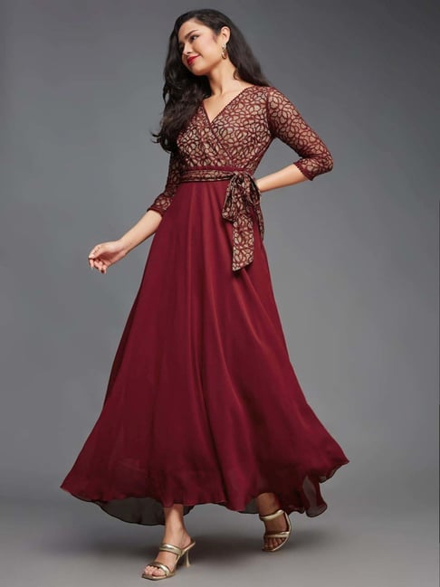 Buy Miss Chase Wine V Neck Full Sleeves Blazer Knee Length Dress
