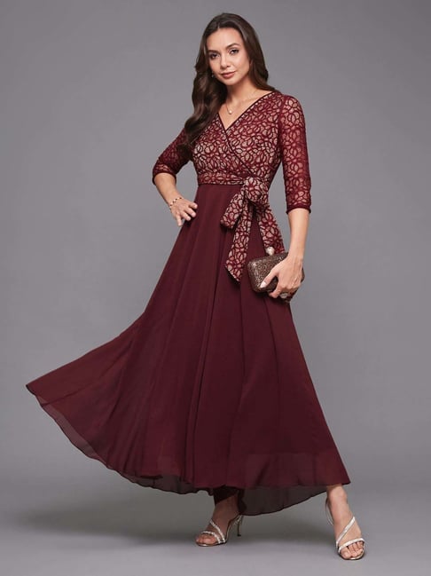 Deep V Biba Burgundy Dress Shop Biba Printed Pieces Set Round Neck