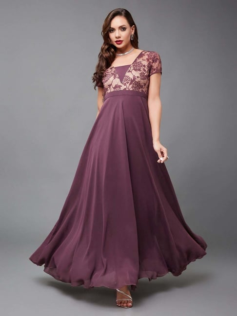 Miss Chase Mauve Square Neck Raglan Sleeve Self Designed Flared Georgette Maxi Dress-picture-32