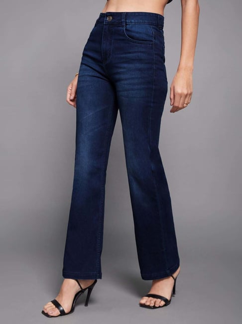Miss Chase Navy Blue Wide Leg Mid Rise Clean Look Regular Stretchable Denim Jeans