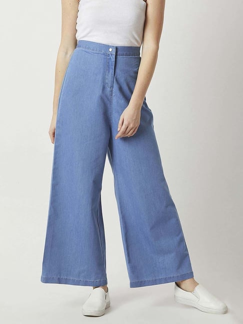 Miss Chase Blue Flared Wide Leg Clean Look Regular Length Non Stretchable Light Weight Denim Pants-picture-34