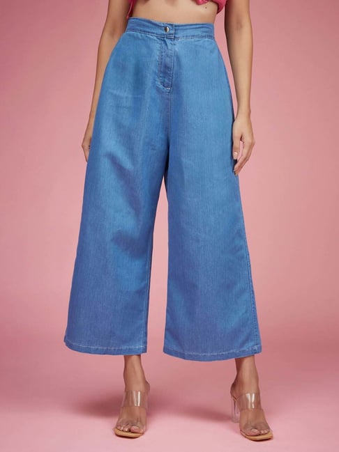 Miss Chase Blue Flared Wide Leg Clean Look Regular Length Non Stretchable Light Weight Denim Pants-picture-39