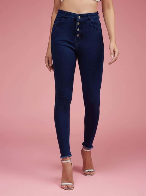 Miss Chase Navy Blue Skinny High Rise Clean Look Fringed Hemline Cropped Stretchable Denim Jeans-picture-20