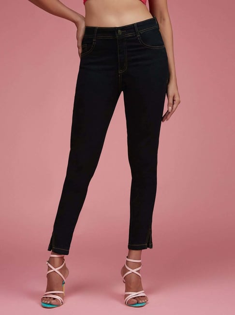 Miss Chase Black Skinny High Rise Side Slit Ankle Length Stretchable Denim  Jeans