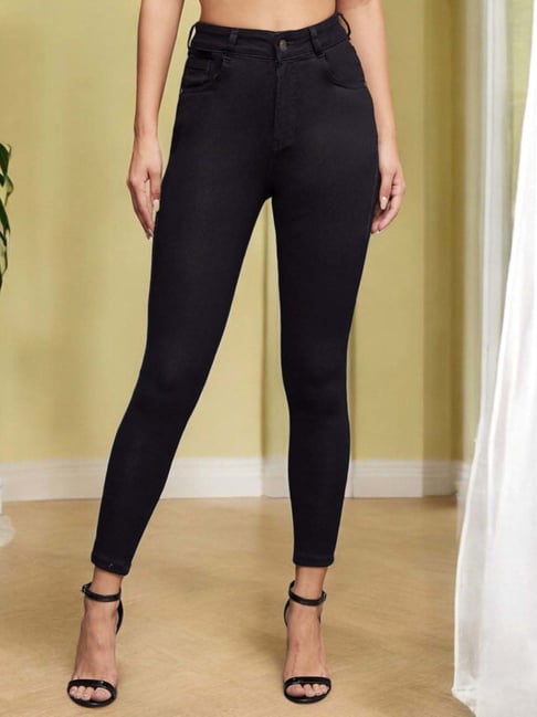 Miss Chase Black Skinny Fit High Rise Clean Look Cropped Length Stretchable  Denim Jeans