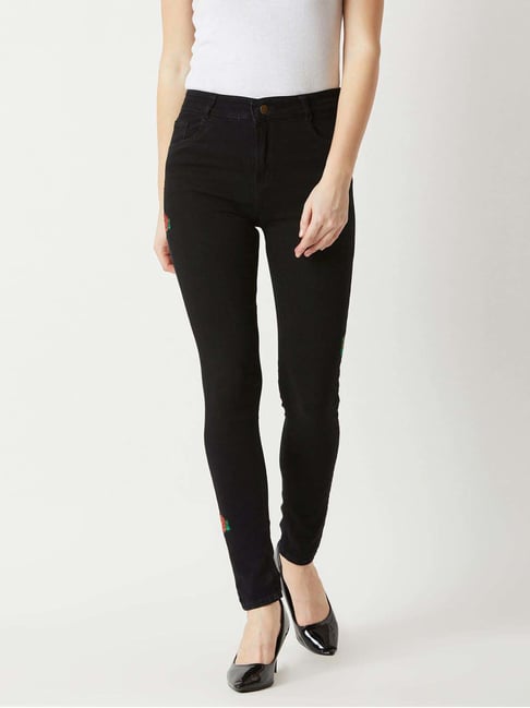 Miss Chase Black Clean Look Acid Wash Embroidered Patch Regular Length Stretchable Denim Jeans-picture-23