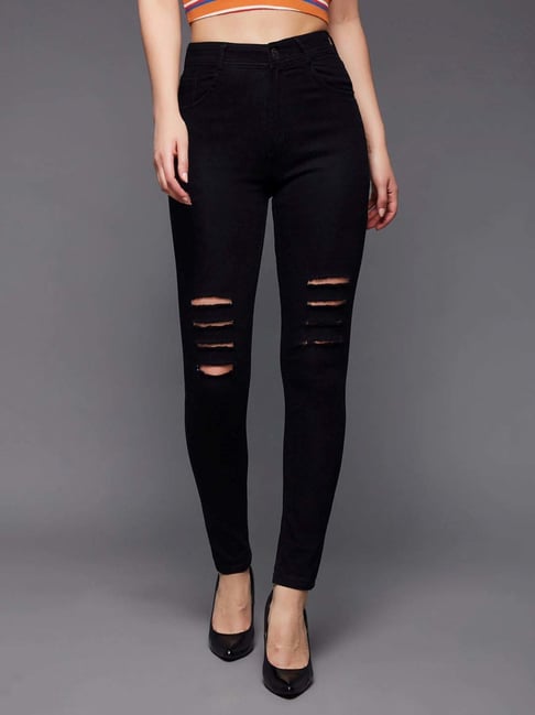 Miss Chase Black Slim Fit High Rise Regular Length Mild Distressed Ripped Denim Stretchable Jeans-picture-46