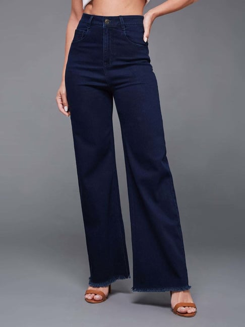 Miss Chase Navy Blue Wide Leg High Rise Clean Look Regular Length Stretchable Denim Jeans-picture-42