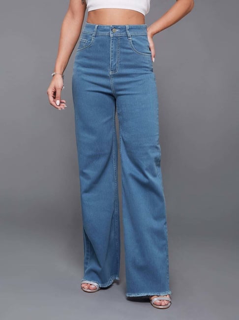 Miss Chase Blue Wide Leg High Rise Clean Look Regular Length Stretchable Denim Jeans-picture-41