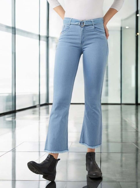 Miss Chase Light Blue Cotton Bootcut Cropped High Rise Stretchable Denim Jeans-picture-29