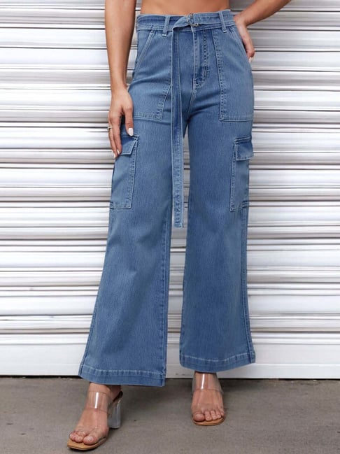 Miss Chase Mid Blue Wide Leg High Rise Clean Look Regular Length  Stretchable Cargo Denim Jeans