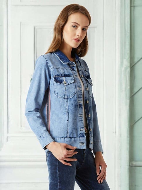 Miss Chase Light Blue Collared Full Sleeve Denim Multicolored Twill Tape  Detailing Denim Jacket