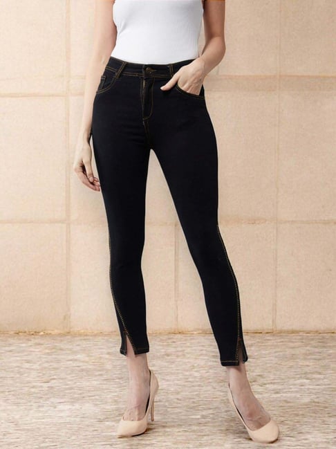 Miss Chase Black Embellished Skinny High Rise Side Slit Cropped Length  Stretchable Denim Jeans - Main Image